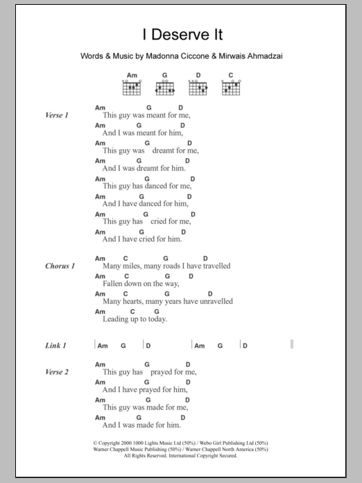 Download Madonna I Deserve It Sheet Music and learn how to play Lyrics & Chords PDF digital score in minutes