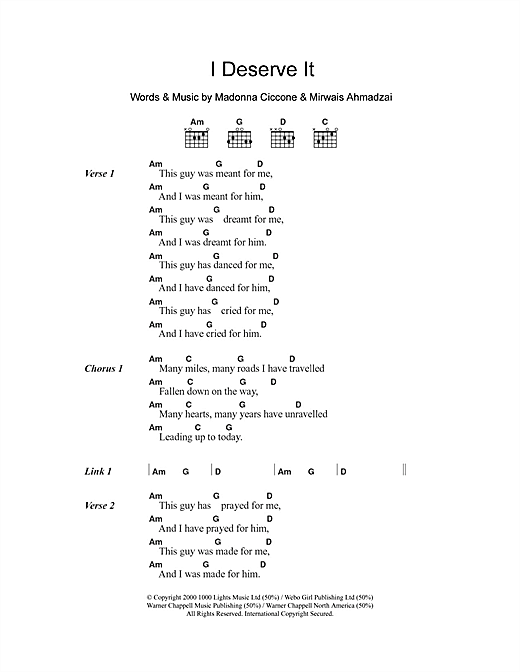 Download Madonna I Deserve It Sheet Music and learn how to play Lyrics & Chords PDF digital score in minutes