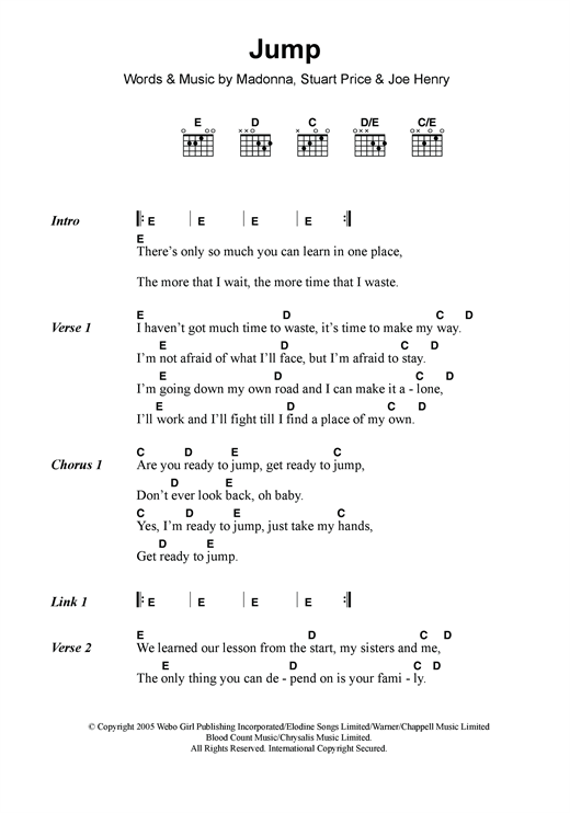 Download Madonna Jump Sheet Music and learn how to play Piano, Vocal & Guitar (Right-Hand Melody) PDF digital score in minutes