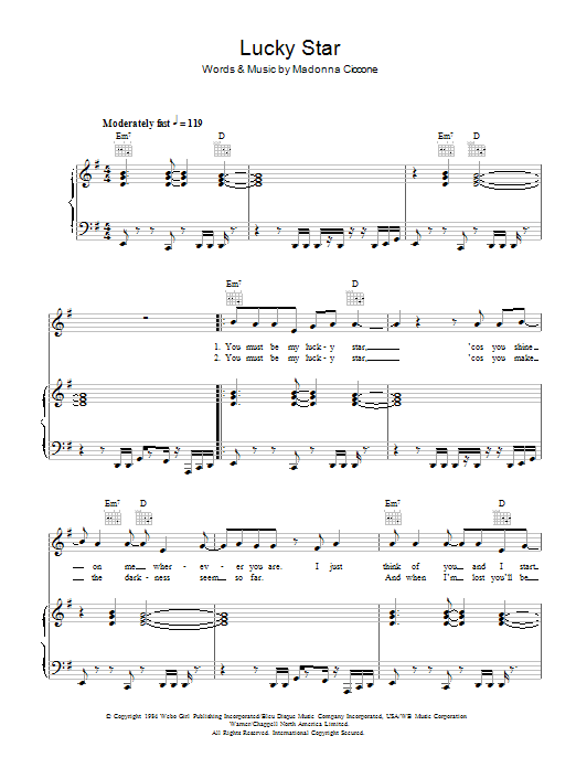 Download Madonna Lucky Star Sheet Music and learn how to play Piano, Vocal & Guitar PDF digital score in minutes