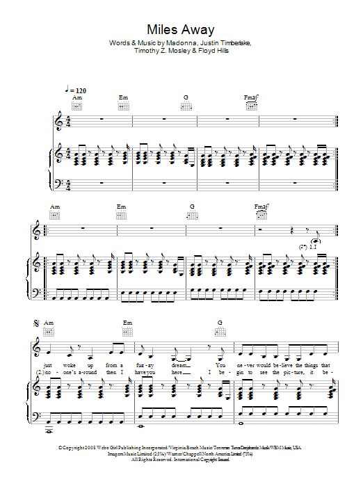 Download Madonna Miles Away Sheet Music and learn how to play Piano, Vocal & Guitar PDF digital score in minutes
