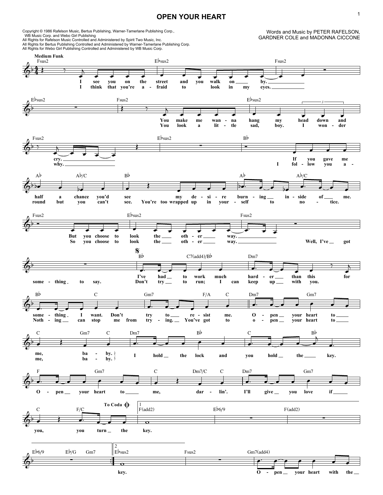 Download Madonna Open Your Heart Sheet Music and learn how to play Melody Line, Lyrics & Chords PDF digital score in minutes