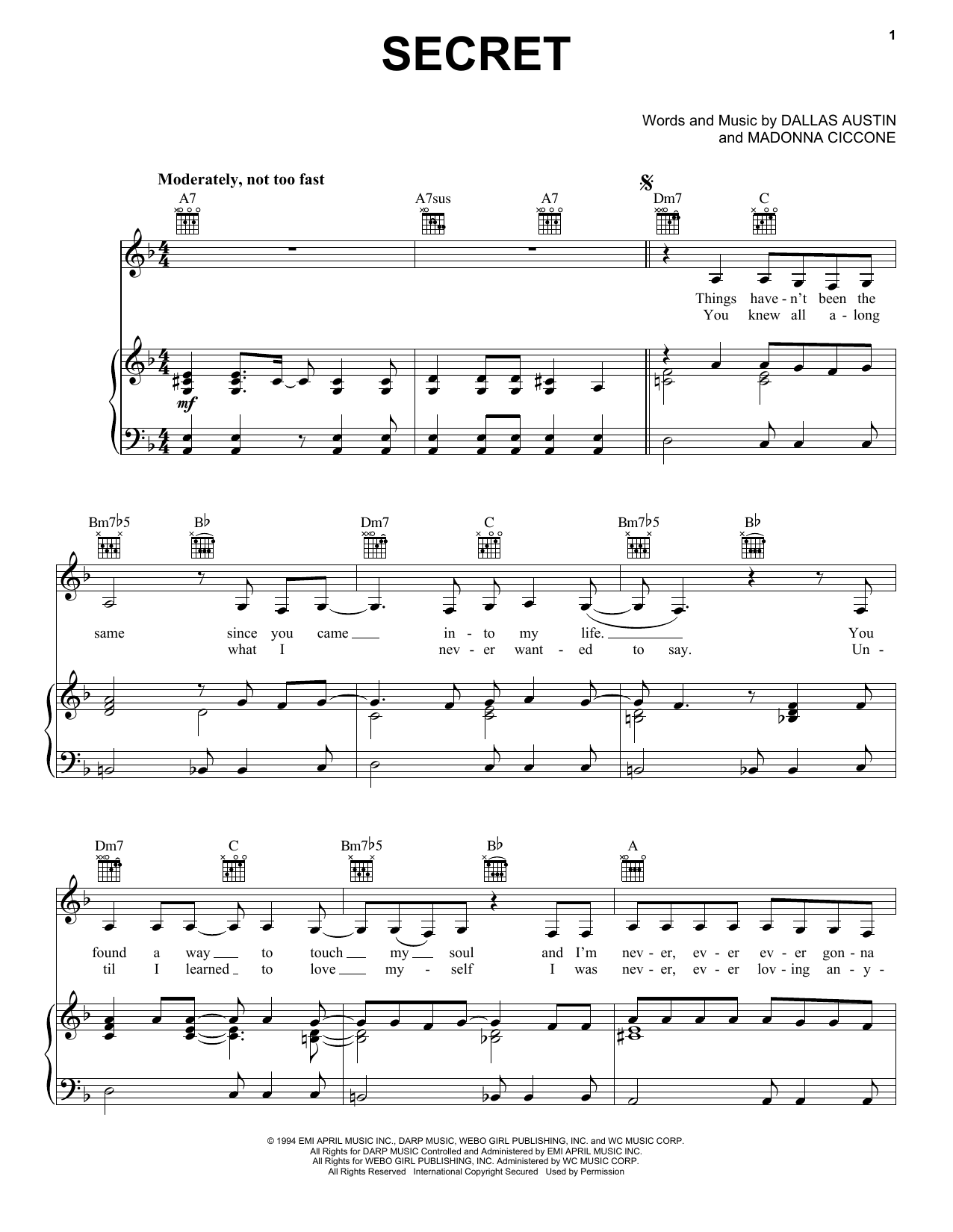 Download Madonna Secret Sheet Music and learn how to play Piano, Vocal & Guitar Chords (Right-Hand Melody) PDF digital score in minutes