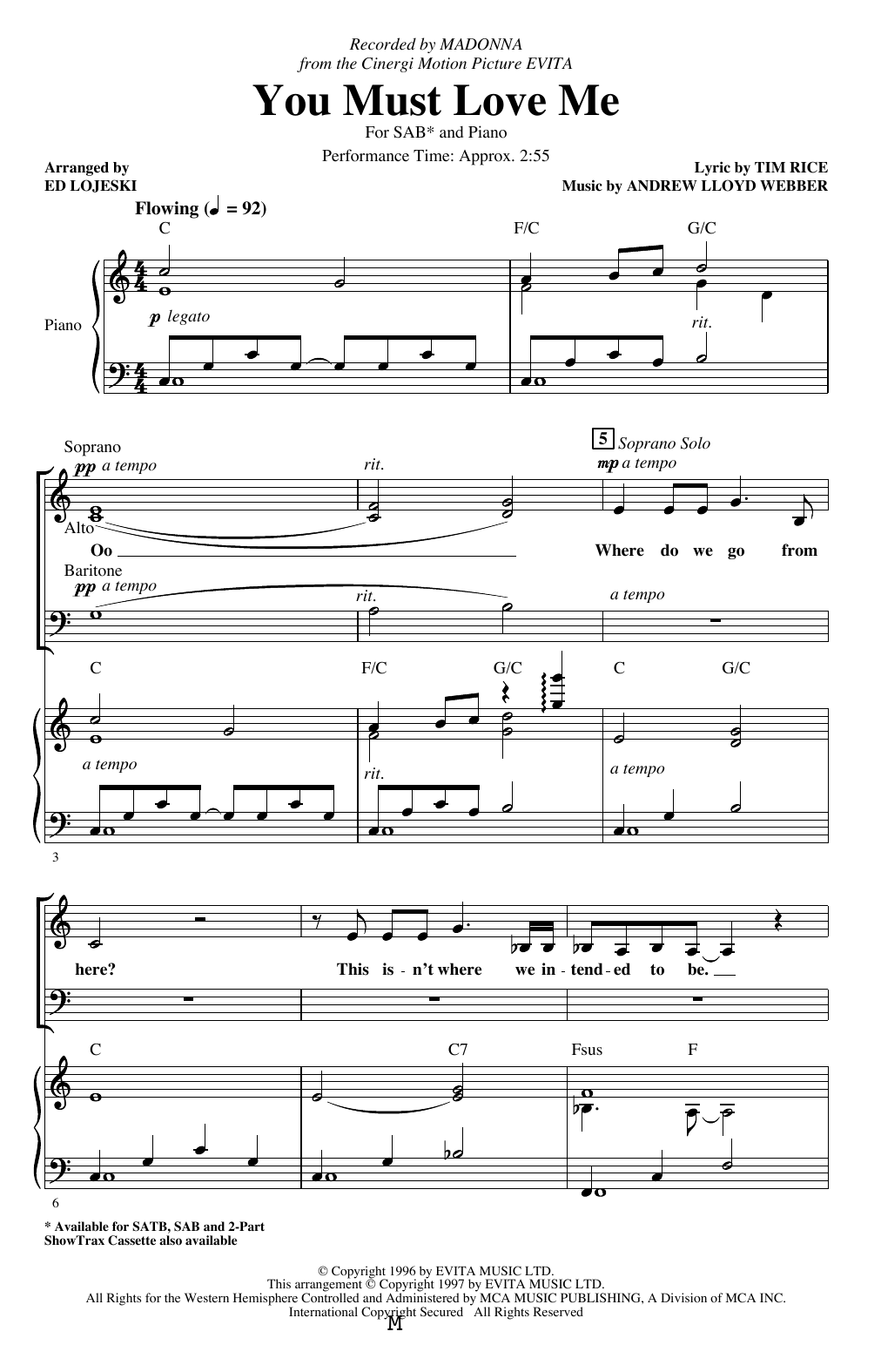 Download Madonna You Must Love Me (from Evita) (arr. Ed Lojeski) Sheet Music and learn how to play 2-Part Choir PDF digital score in minutes