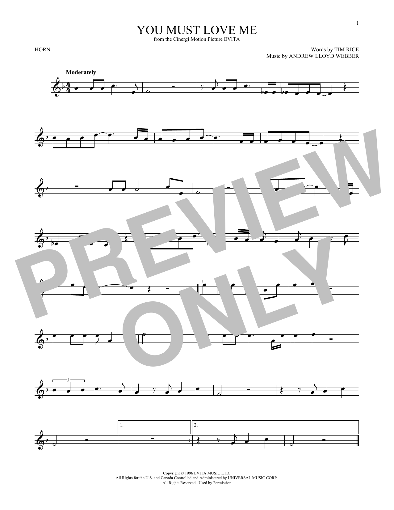 Download Madonna You Must Love Me Sheet Music and learn how to play French Horn PDF digital score in minutes