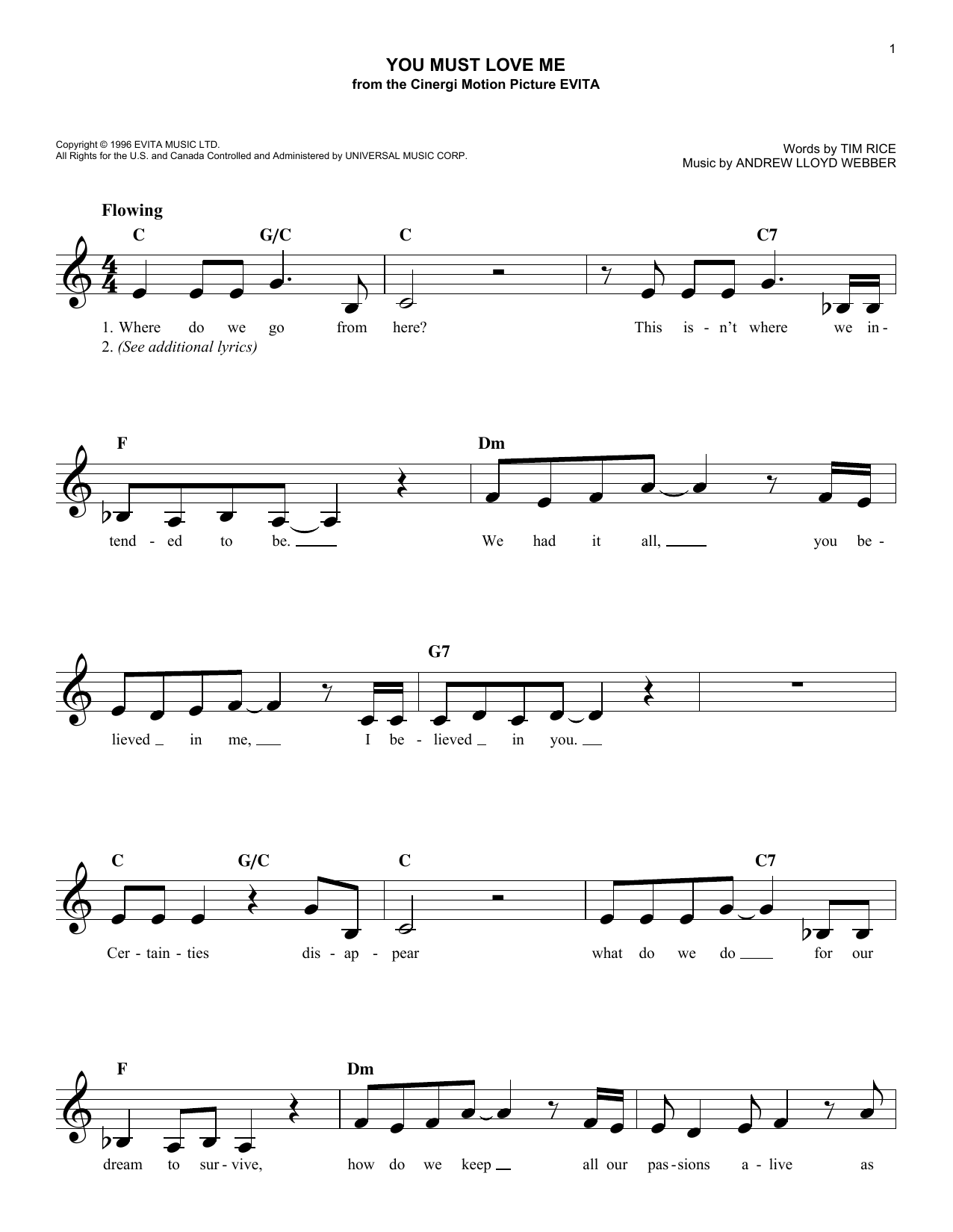 Download Madonna You Must Love Me Sheet Music and learn how to play Melody Line, Lyrics & Chords PDF digital score in minutes