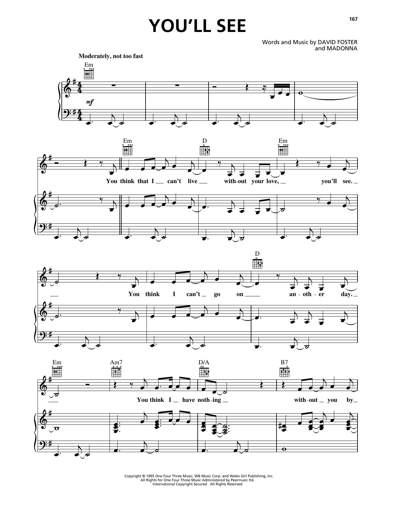 Download Madonna You'll See Sheet Music and learn how to play Piano, Vocal & Guitar Chords (Right-Hand Melody) PDF digital score in minutes