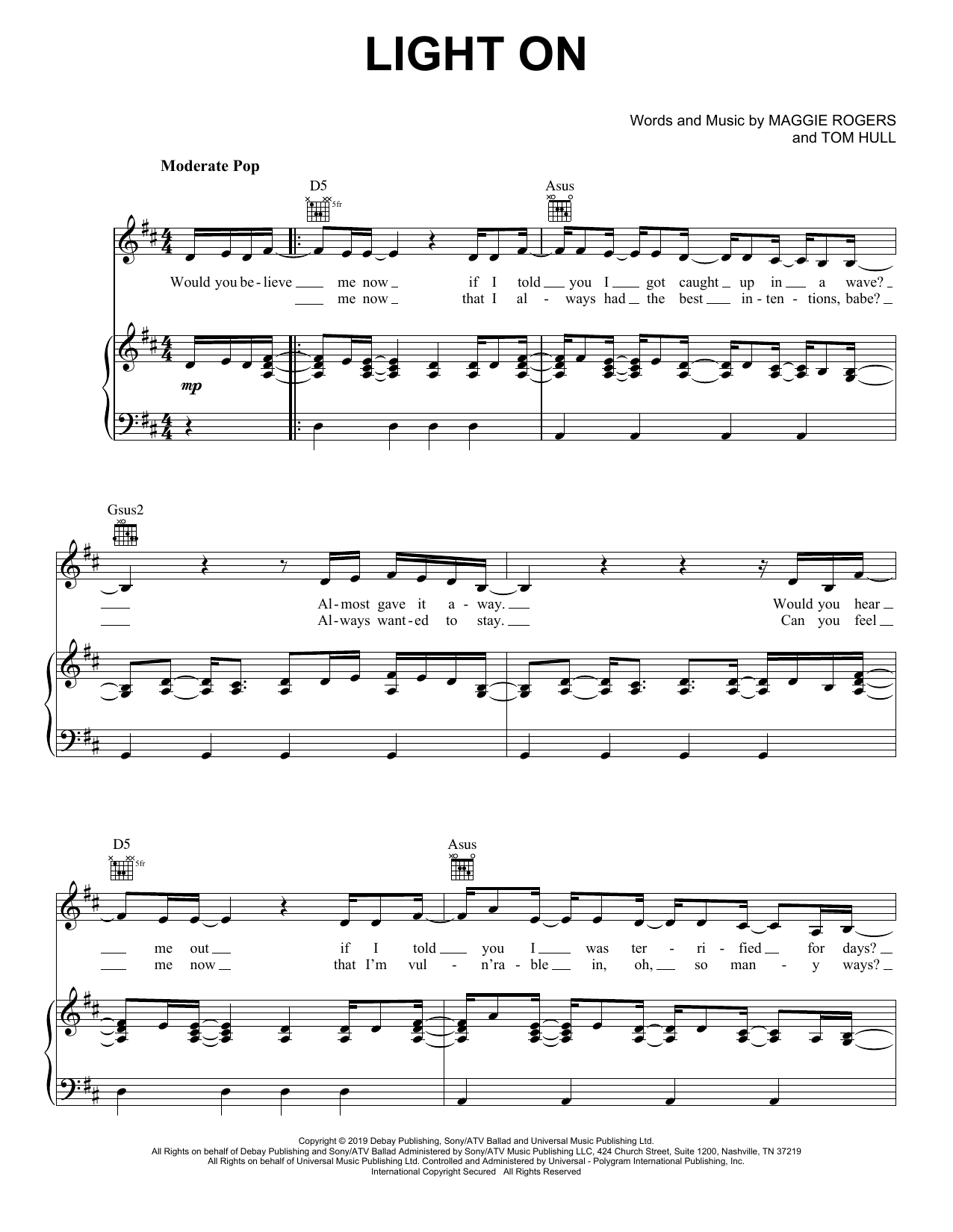 Download Maggie Rogers Light On Sheet Music and learn how to play Piano, Vocal & Guitar Chords (Right-Hand Melody) PDF digital score in minutes