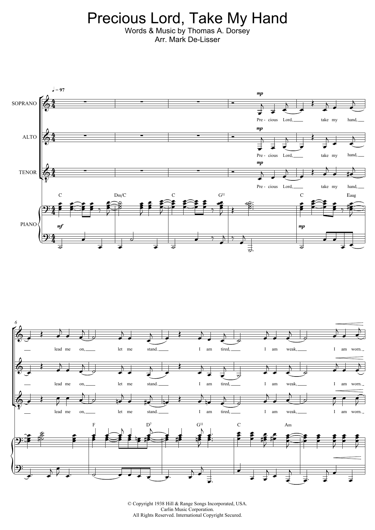 Download Mahalia Jackson Precious Lord, Take My Hand (Take My Hand, Precious Lord) (arr. Mark De-Lisser) Sheet Music and learn how to play SAT PDF digital score in minutes