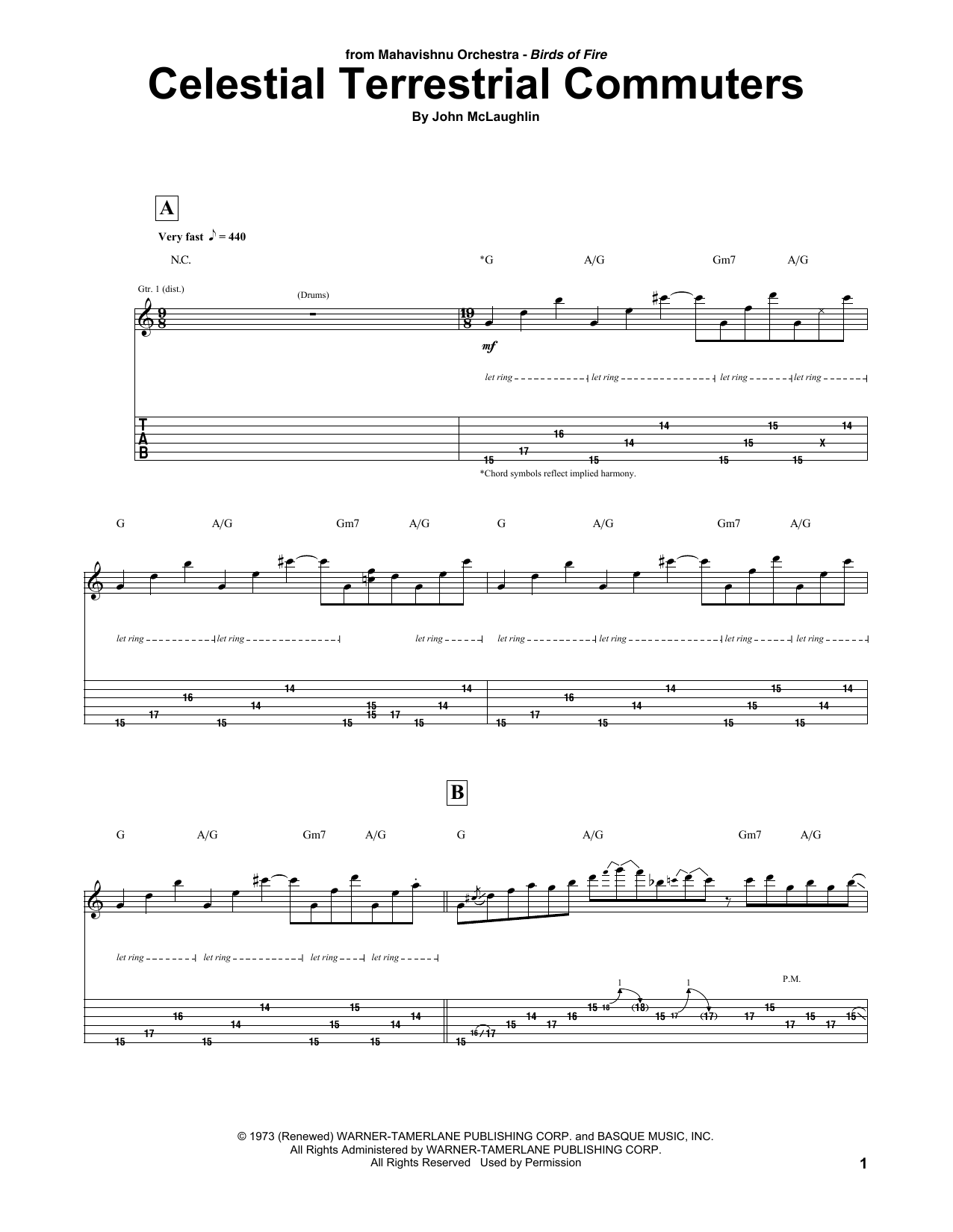 Download Mahavishnu Orchestra Celestial Terrestrial Commuters Sheet Music and learn how to play Guitar Tab PDF digital score in minutes