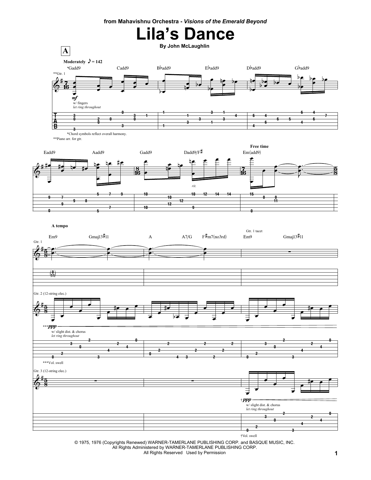 Download Mahavishnu Orchestra Lila's Dance Sheet Music and learn how to play Guitar Tab PDF digital score in minutes