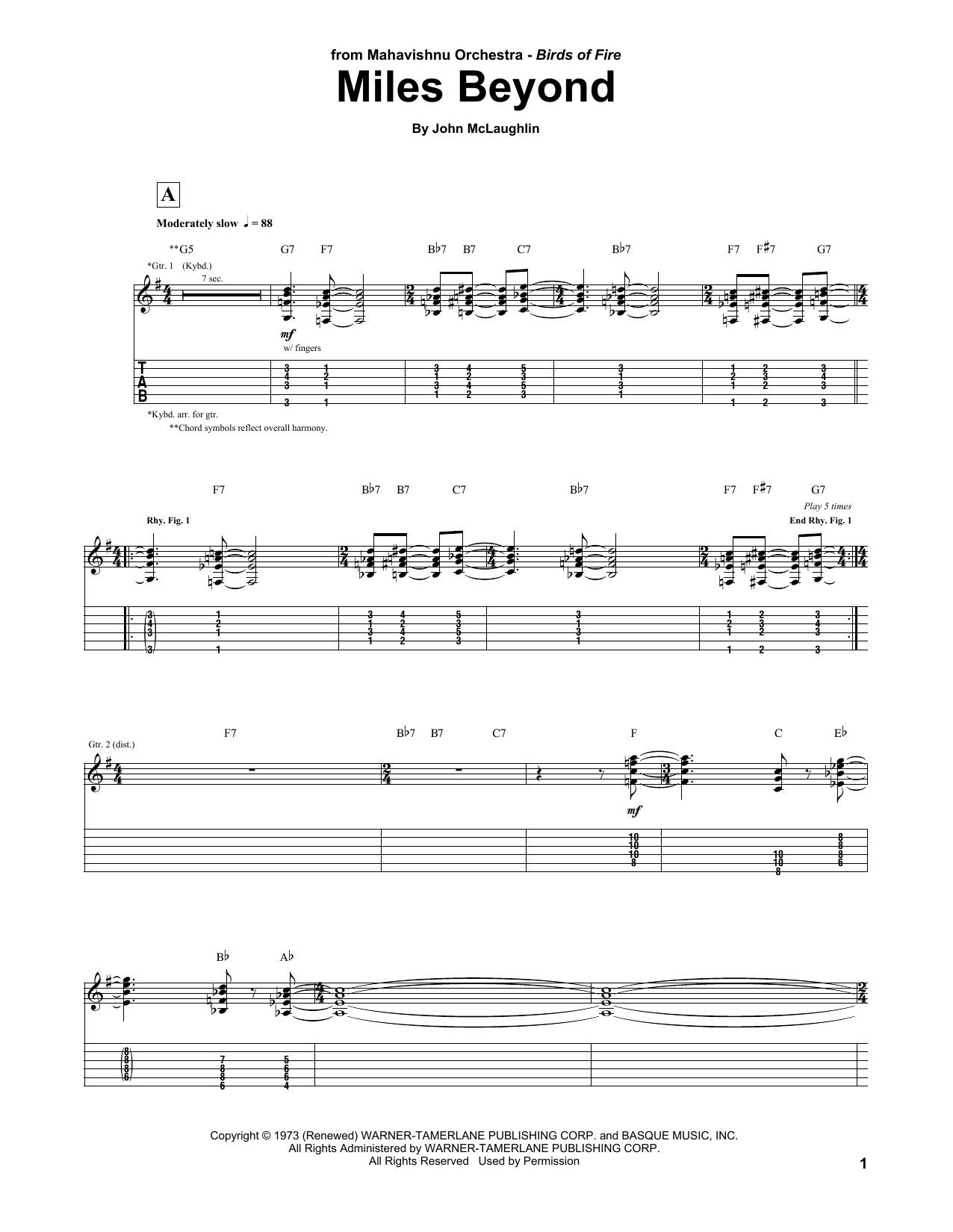Download Mahavishnu Orchestra Miles Beyond Sheet Music and learn how to play Guitar Tab PDF digital score in minutes