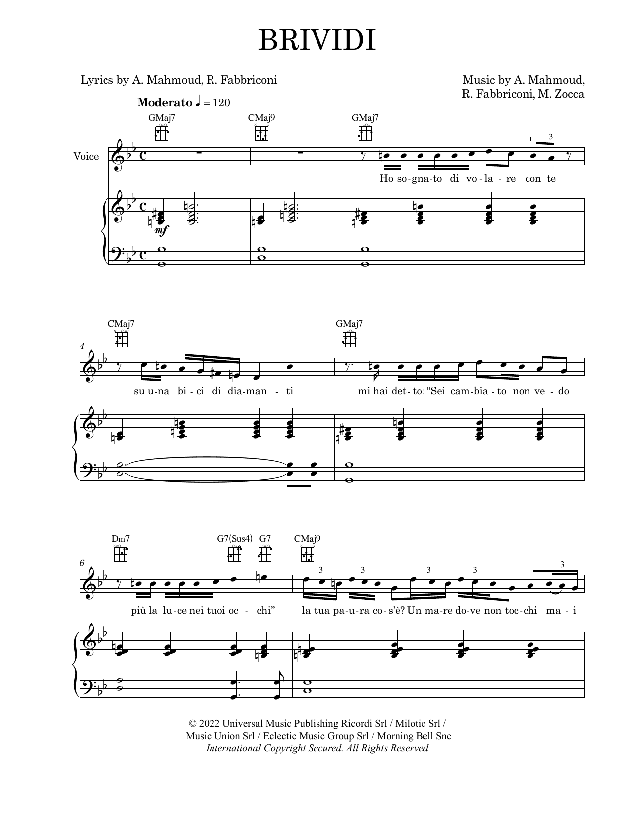 Download Mahmood & BLANCO Brividi Sheet Music and learn how to play Piano, Vocal & Guitar Chords (Right-Hand Melody) PDF digital score in minutes