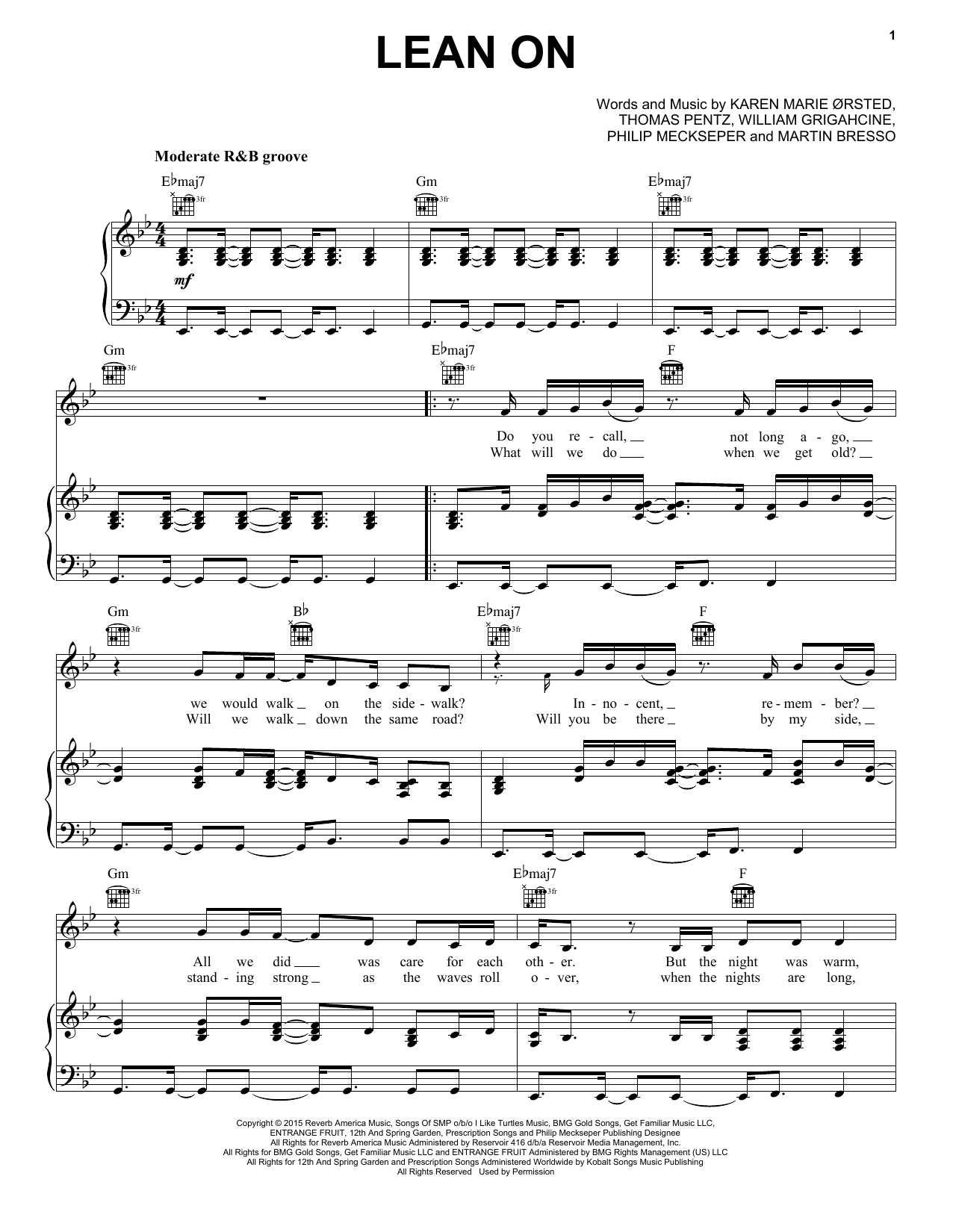 Download Major Lazer & DJ Snake Feat. MØ Lean On Sheet Music and learn how to play Piano, Vocal & Guitar (Right-Hand Melody) PDF digital score in minutes