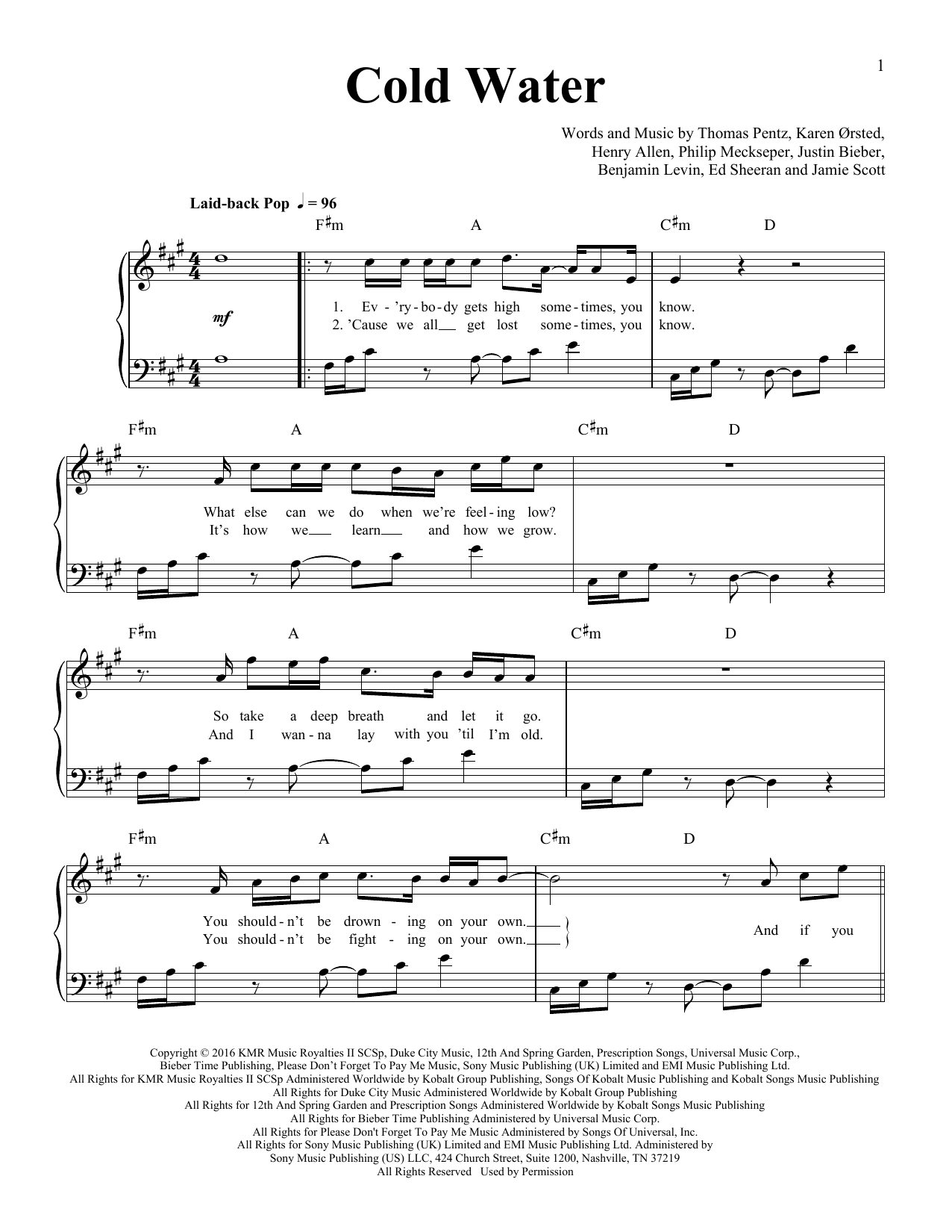 Download Major Lazer Cold Water (feat. Justin Bieber and MØ) Sheet Music and learn how to play Easy Piano PDF digital score in minutes