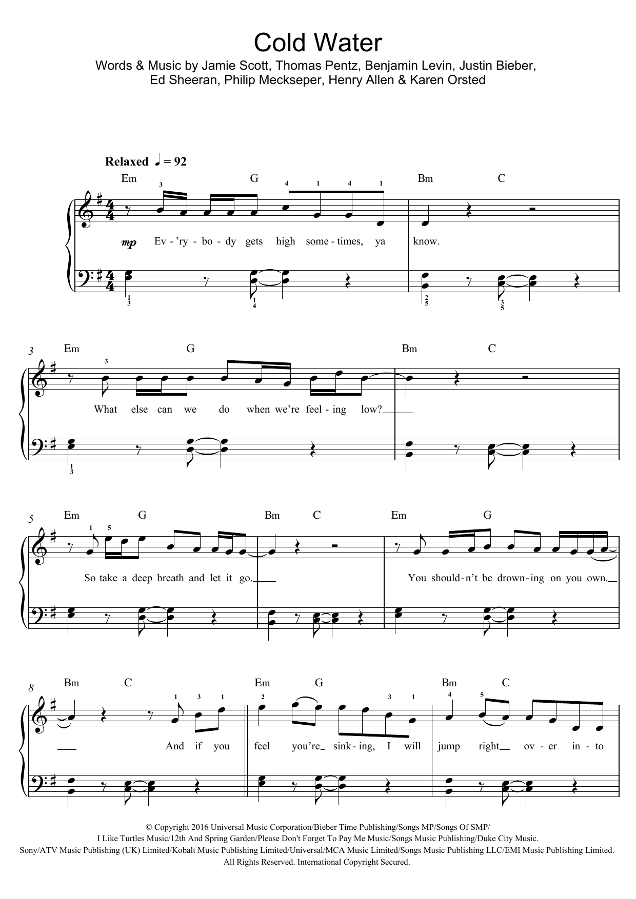 Download Major Lazer Cold Water (feat. Justin Bieber) Sheet Music and learn how to play Beginner Piano PDF digital score in minutes