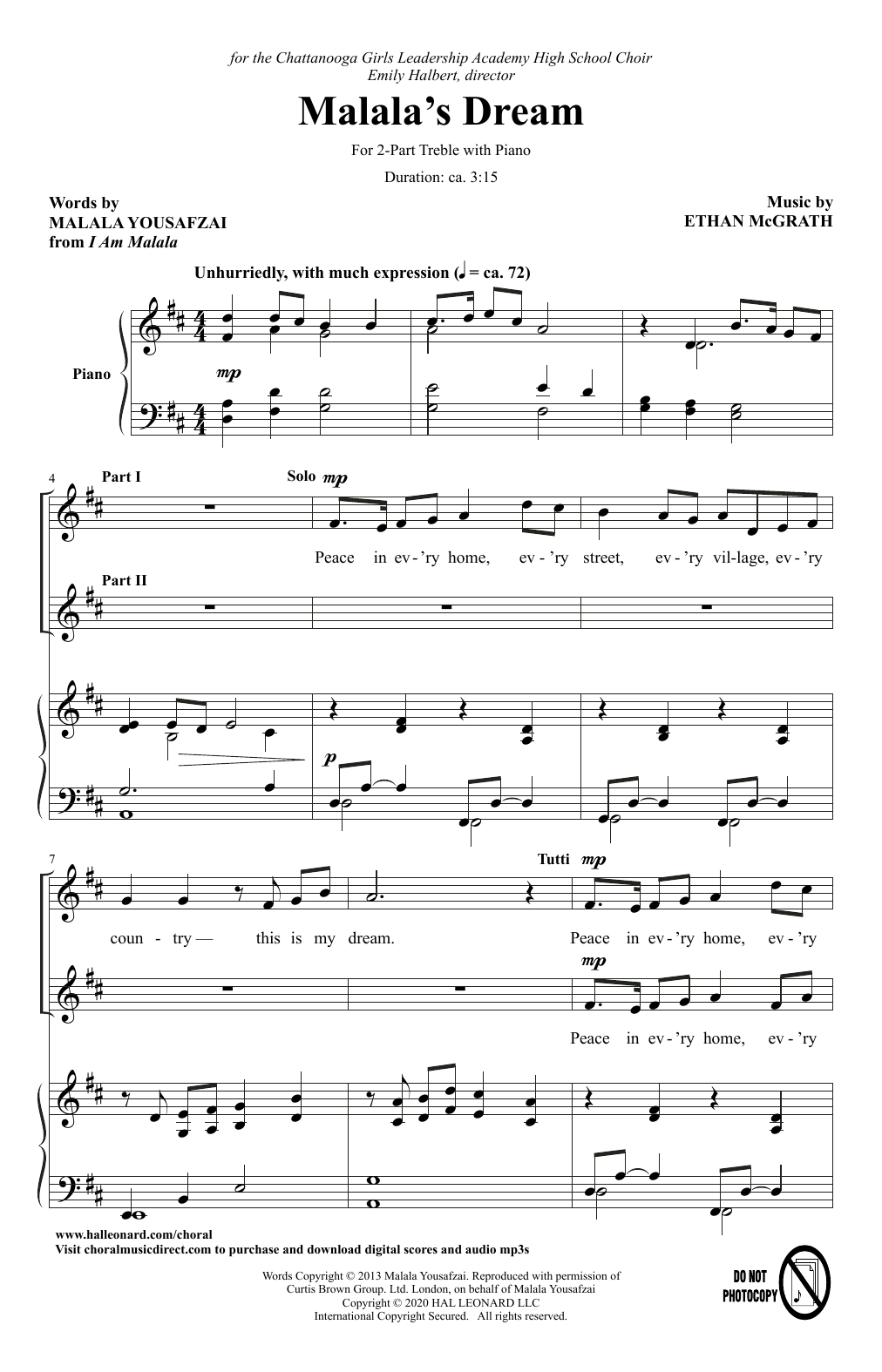 Download Malala Yousafzai and Ethan McGrath Malala's Dream Sheet Music and learn how to play 2-Part Choir PDF digital score in minutes