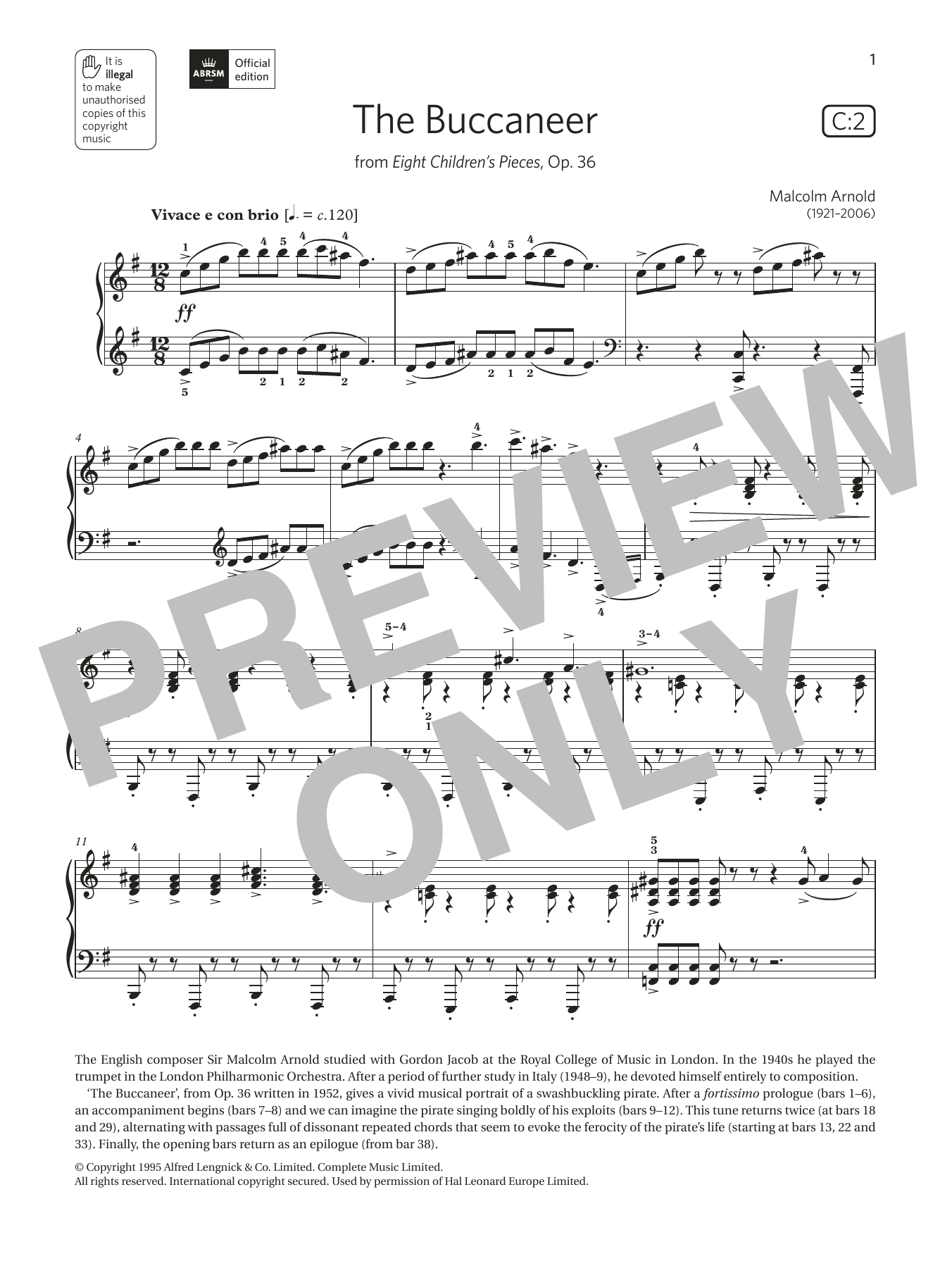 Download Malcolm Arnold The Buccaneer (Grade 6, list C2, from the ABRSM Piano Syllabus 2021 & 2022) Sheet Music and learn how to play Piano Solo PDF digital score in minutes