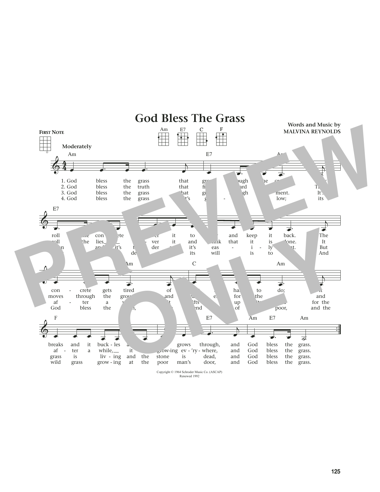 Download Malvina Reynolds God Bless The Grass (from The Daily Ukulele) (arr. Jim Beloff) Sheet Music and learn how to play Ukulele PDF digital score in minutes