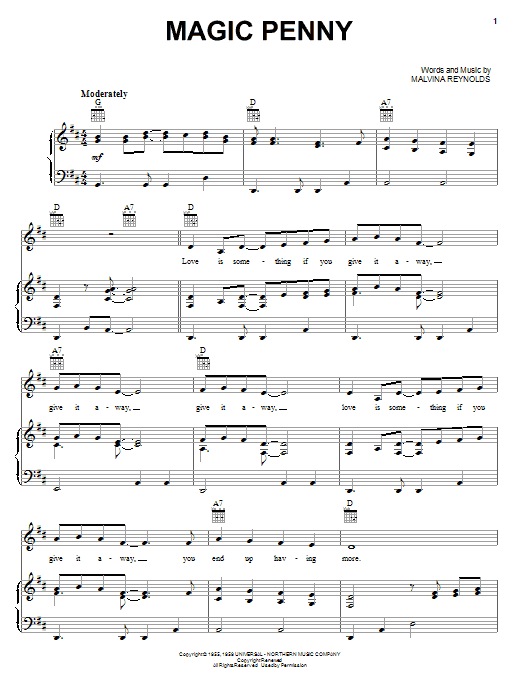 Download Malvina Reynolds Magic Penny Sheet Music and learn how to play Piano, Vocal & Guitar (Right-Hand Melody) PDF digital score in minutes