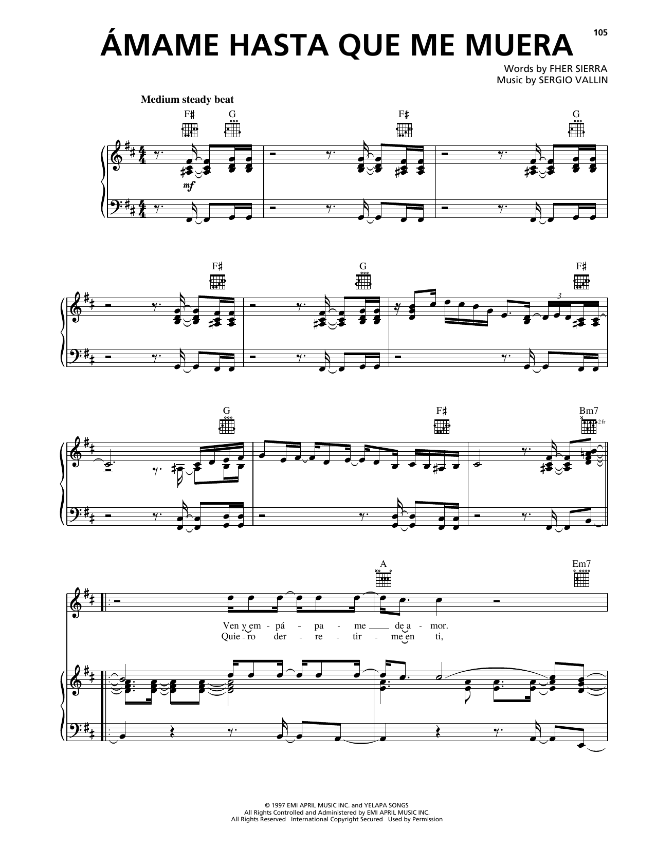 Download Maná Amame Hasta Que Me Muera Sheet Music and learn how to play Piano, Vocal & Guitar Chords (Right-Hand Melody) PDF digital score in minutes