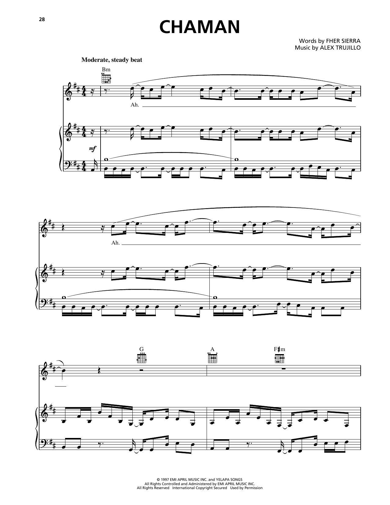 Download Maná Chaman Sheet Music and learn how to play Piano, Vocal & Guitar Chords (Right-Hand Melody) PDF digital score in minutes