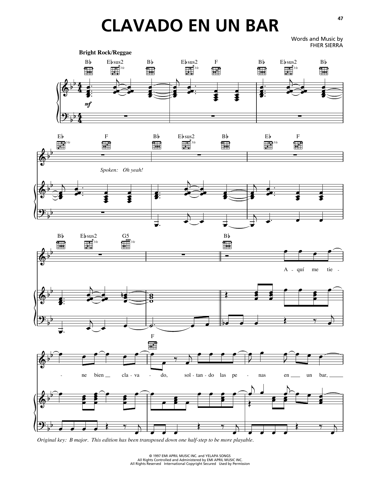 Download Maná Clavado En Un Bar Sheet Music and learn how to play Piano, Vocal & Guitar Chords (Right-Hand Melody) PDF digital score in minutes