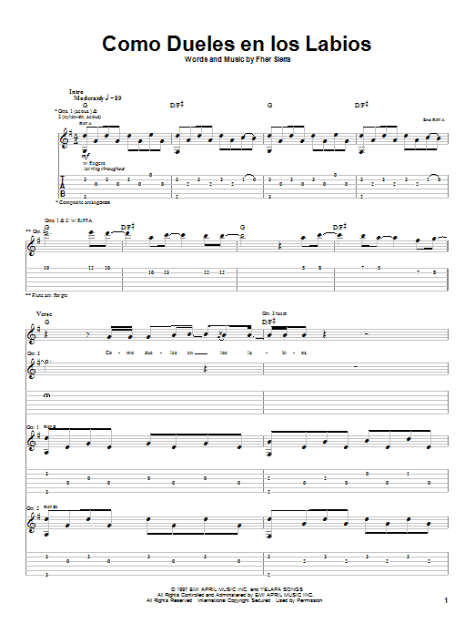 Download Maná Como Dueles En Los Labios Sheet Music and learn how to play Guitar Tab PDF digital score in minutes