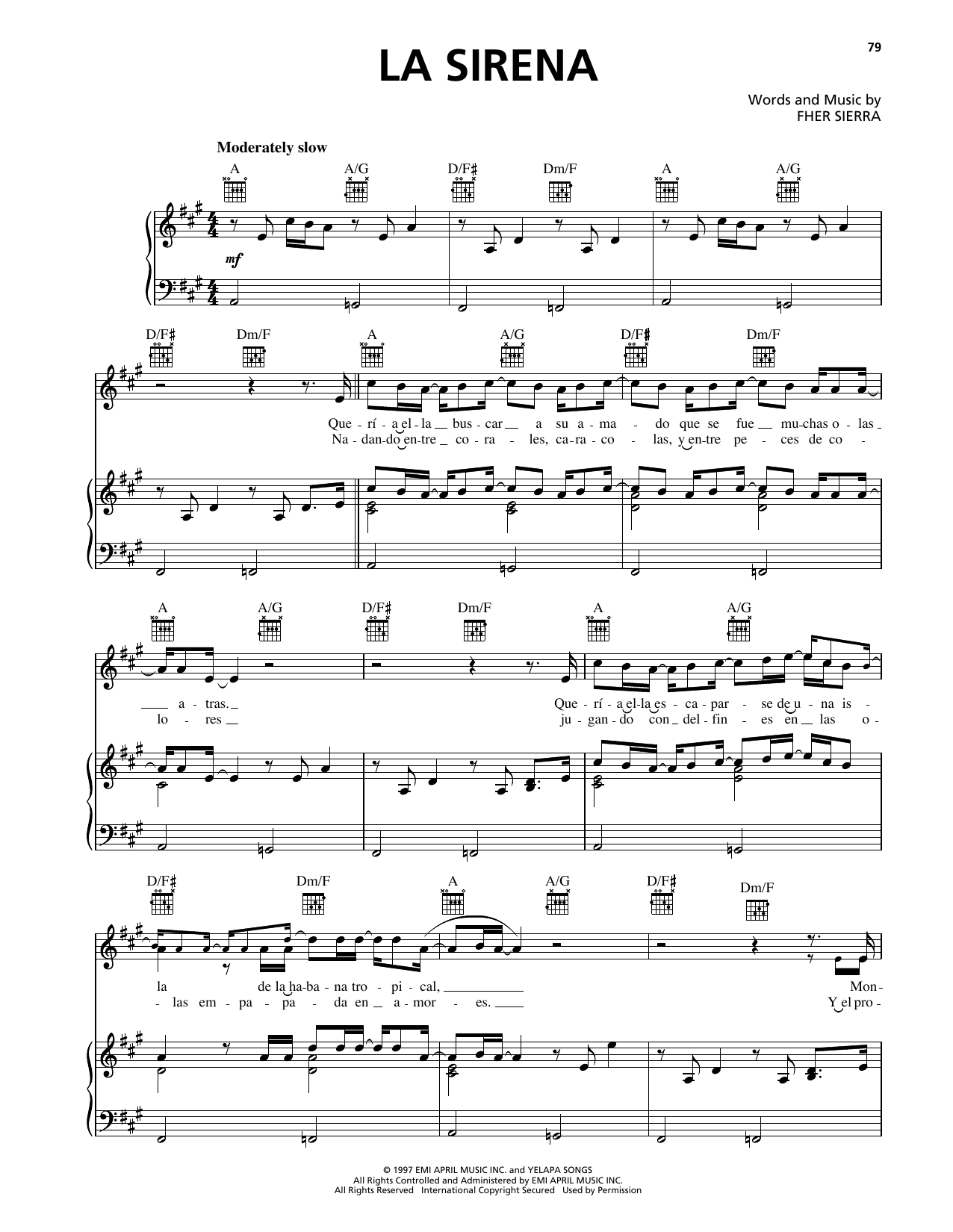 Download Maná La Sirena Sheet Music and learn how to play Piano, Vocal & Guitar Chords (Right-Hand Melody) PDF digital score in minutes