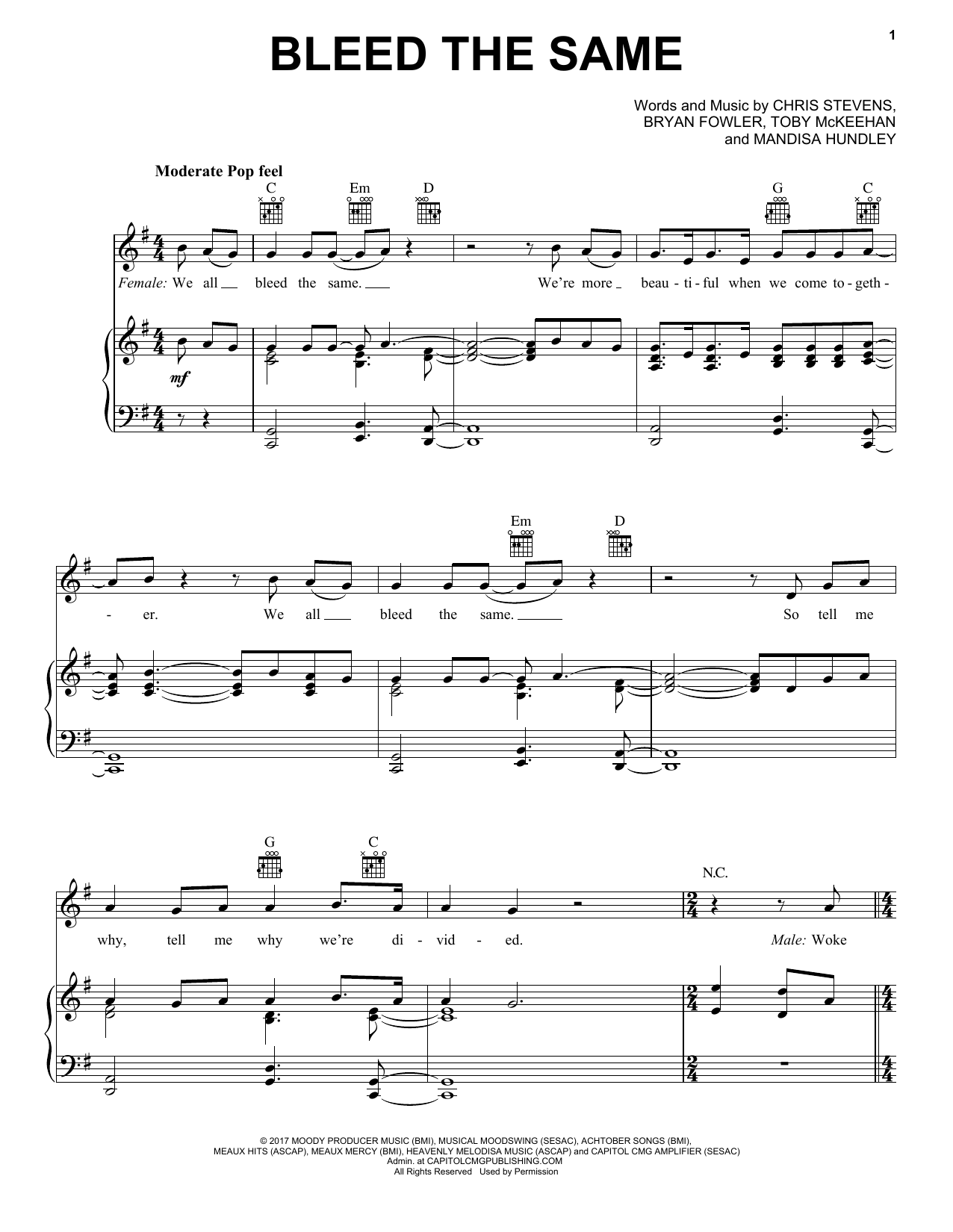 Download Mandisa Bleed The Same Sheet Music and learn how to play Piano, Vocal & Guitar (Right-Hand Melody) PDF digital score in minutes
