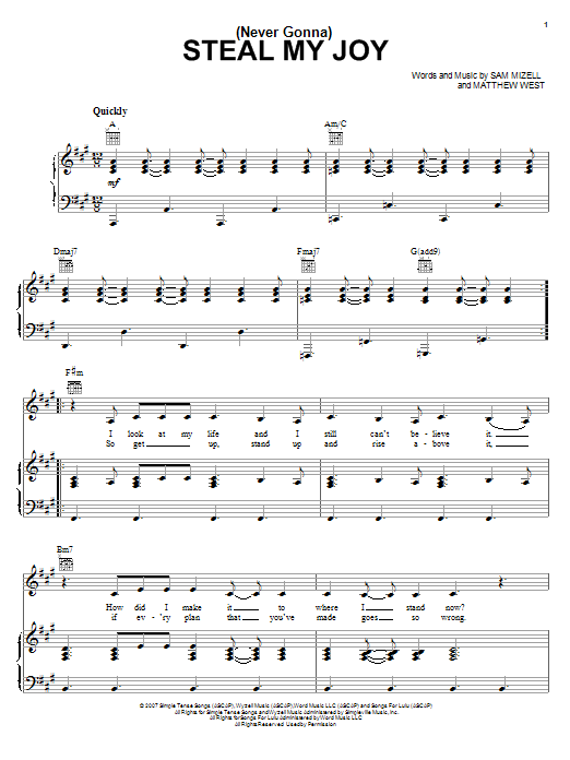 Download Mandisa (Never Gonna) Steal My Joy Sheet Music and learn how to play Piano, Vocal & Guitar (Right-Hand Melody) PDF digital score in minutes