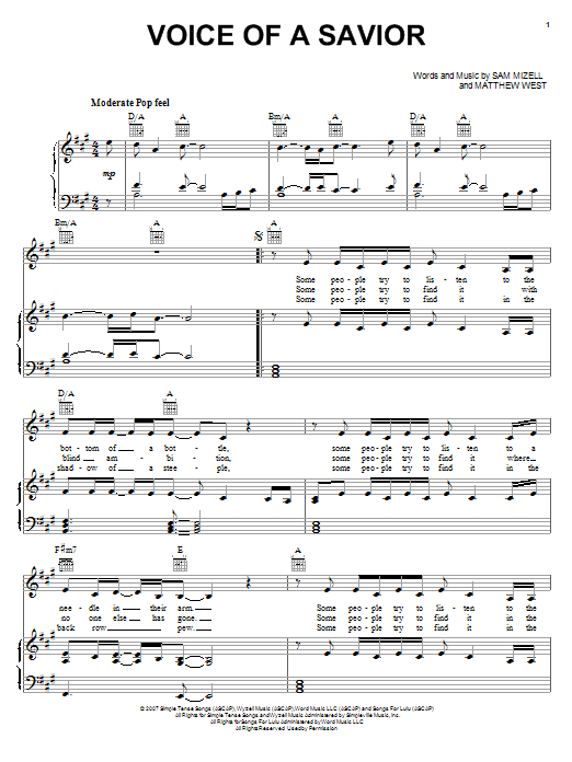 Download Mandisa Voice Of A Savior Sheet Music and learn how to play Piano, Vocal & Guitar (Right-Hand Melody) PDF digital score in minutes