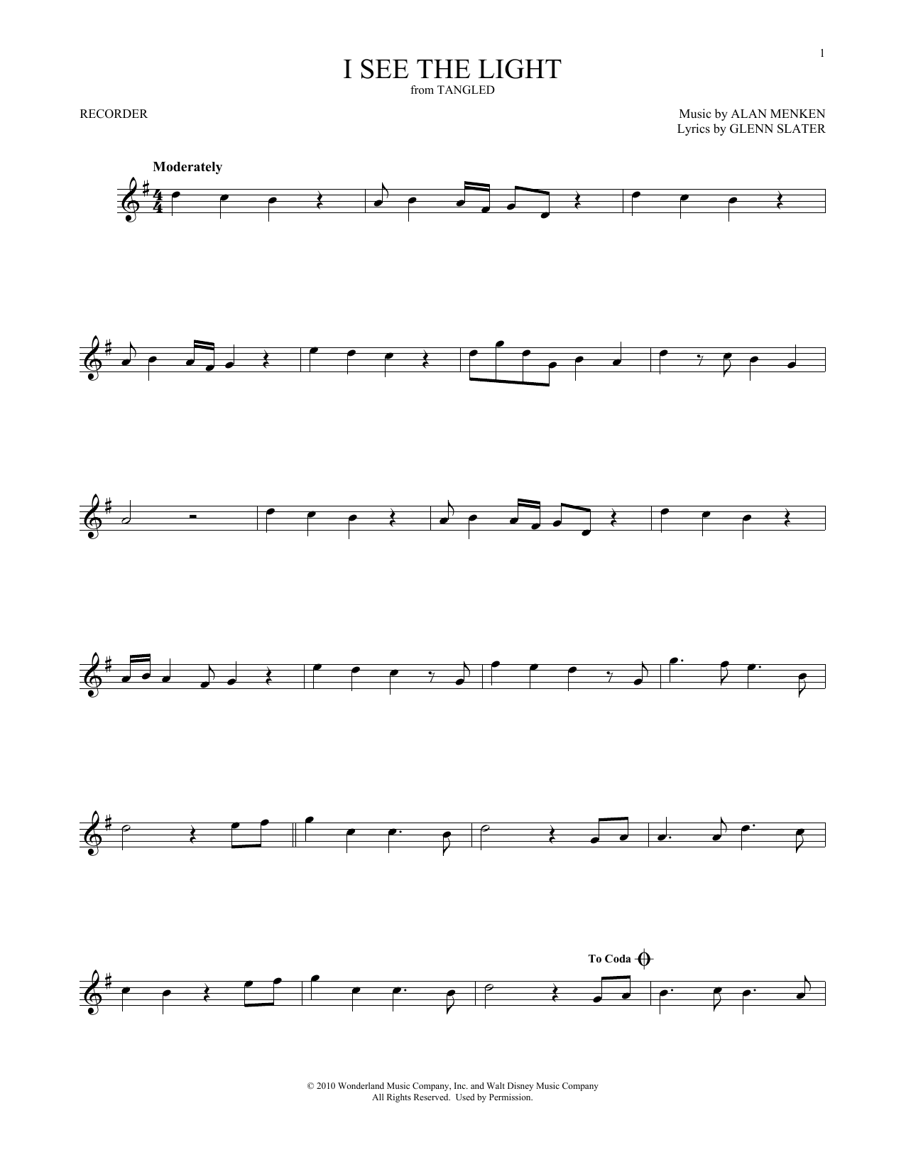 Download Mandy Moore I See The Light (from Tangled) Sheet Music and learn how to play Recorder Solo PDF digital score in minutes