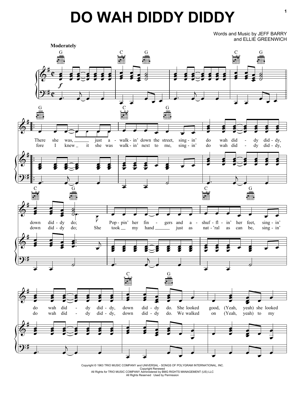 Download Manfred Mann Do Wah Diddy Diddy Sheet Music and learn how to play Piano, Vocal & Guitar (Right-Hand Melody) PDF digital score in minutes
