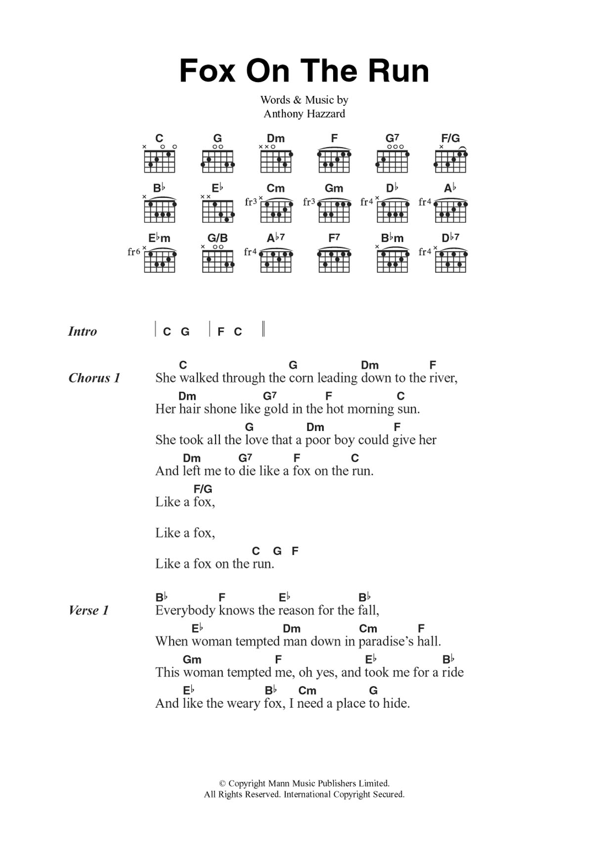 Download Manfred Mann Fox On The Run Sheet Music and learn how to play Guitar Chords/Lyrics PDF digital score in minutes