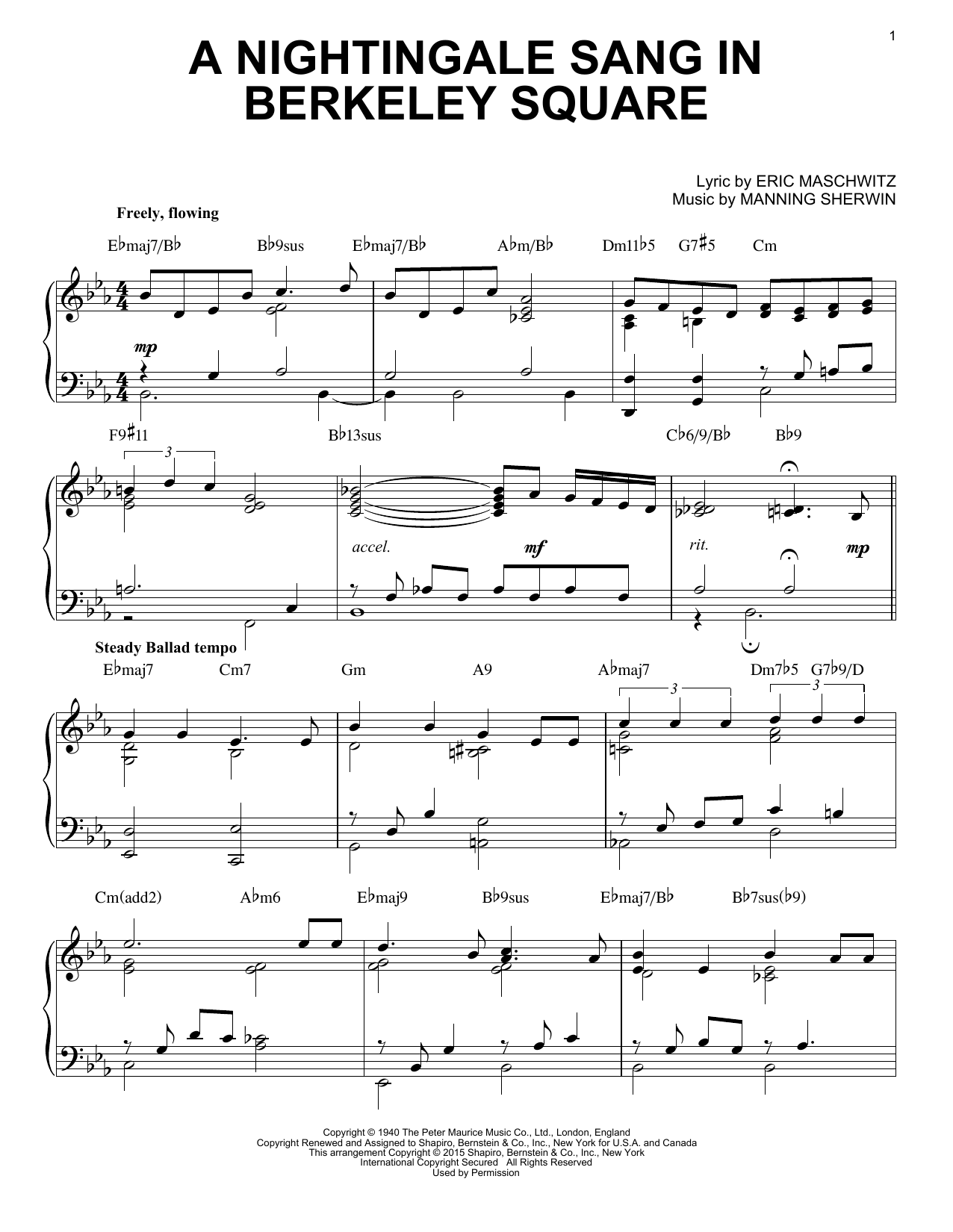 Download Manhattan Transfer A Nightingale Sang In Berkeley Square [Jazz version] (arr. Brent Edstrom) Sheet Music and learn how to play Piano Solo PDF digital score in minutes