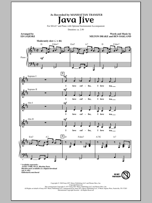 Download Manhattan Transfer Java Jive (arr. Ed Lojeski) Sheet Music and learn how to play SSAA Choir PDF digital score in minutes