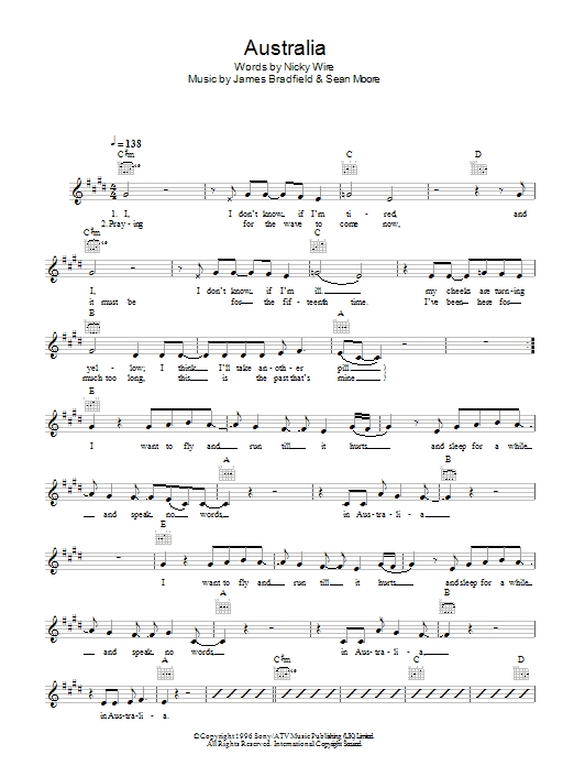 Download Manic Street Preachers Australia Sheet Music and learn how to play Melody Line, Lyrics & Chords PDF digital score in minutes