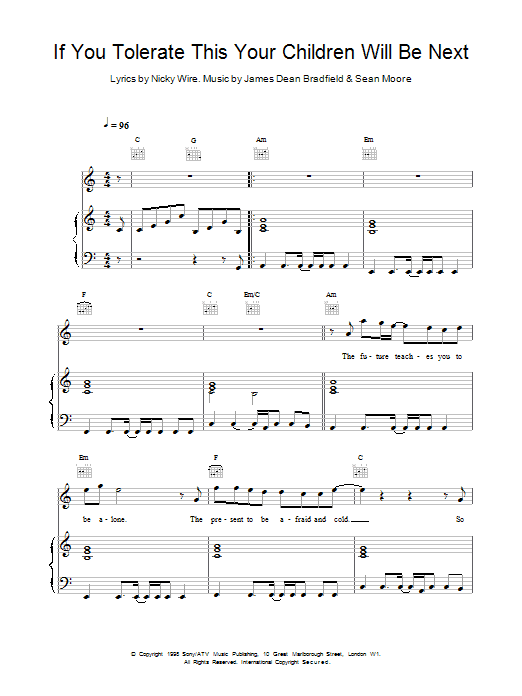 Download Manic Street Preachers If You Tolerate This Your Children Will Be Next Sheet Music and learn how to play Lyrics & Chords PDF digital score in minutes