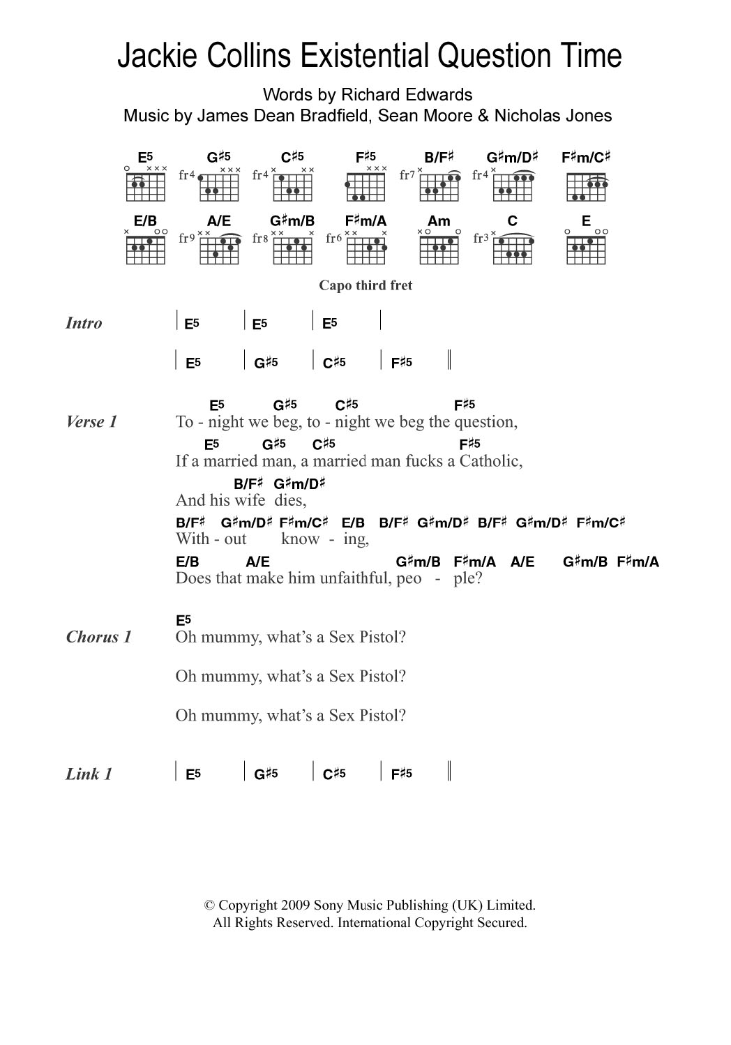 Download Manic Street Preachers Jackie Collins Existential Question Time Sheet Music and learn how to play Lyrics & Chords PDF digital score in minutes