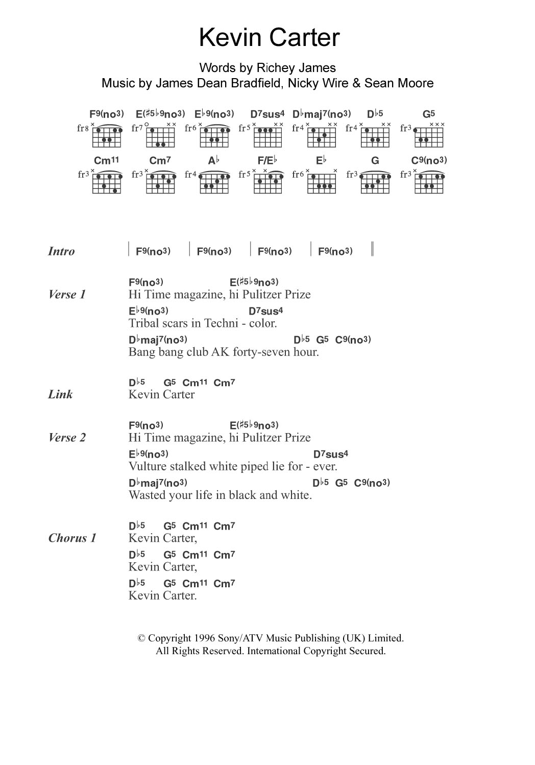 Download Manic Street Preachers Kevin Carter Sheet Music and learn how to play Guitar Chords/Lyrics PDF digital score in minutes