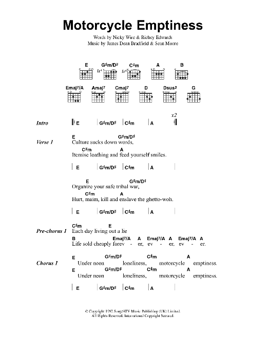 Download Manic Street Preachers Motorcycle Emptiness Sheet Music and learn how to play Lyrics & Chords PDF digital score in minutes