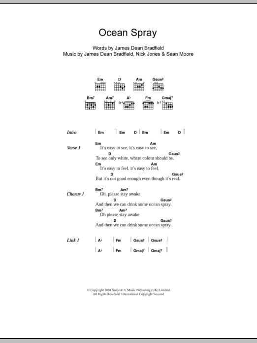 Download Manic Street Preachers Ocean Spray Sheet Music and learn how to play Lyrics & Chords PDF digital score in minutes