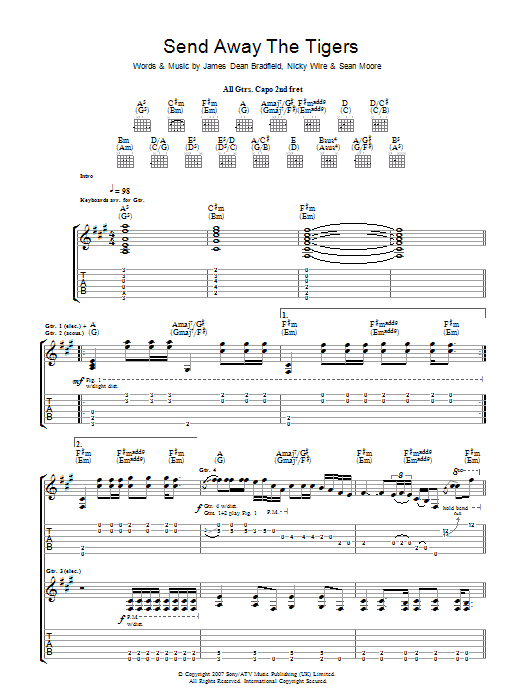 Download Manic Street Preachers Send Away The Tigers Sheet Music and learn how to play Guitar Tab PDF digital score in minutes