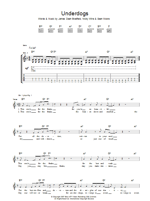 Download Manic Street Preachers Underdogs Sheet Music and learn how to play Guitar Tab PDF digital score in minutes