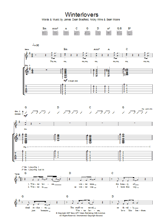 Download Manic Street Preachers Winterlovers Sheet Music and learn how to play Guitar Tab PDF digital score in minutes