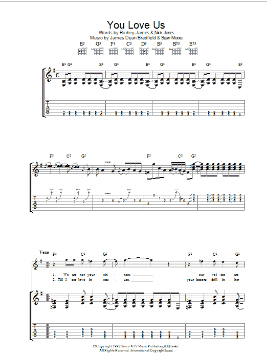 Download Manic Street Preachers You Love Us Sheet Music and learn how to play Guitar Chords/Lyrics PDF digital score in minutes