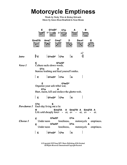 Download Manic Street Preachers Motorcycle Emptiness Sheet Music and learn how to play Lyrics & Chords PDF digital score in minutes