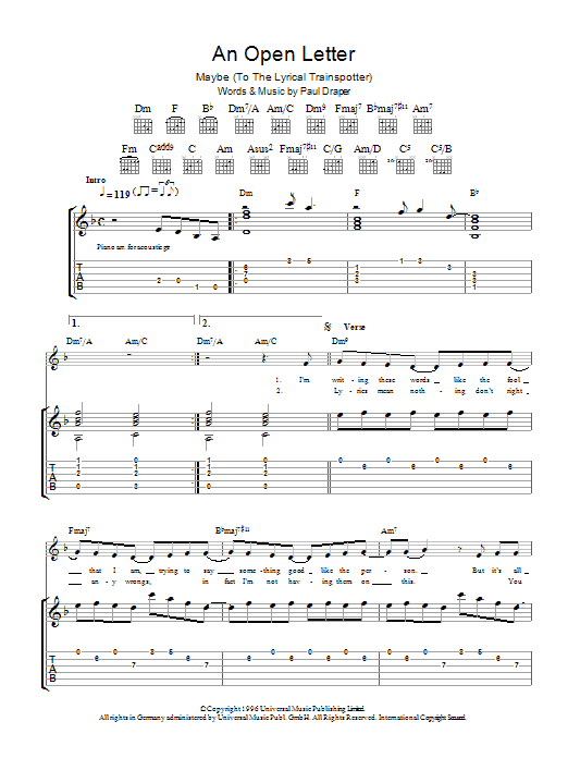 Download Mansun An Open Letter Sheet Music and learn how to play Guitar Tab PDF digital score in minutes