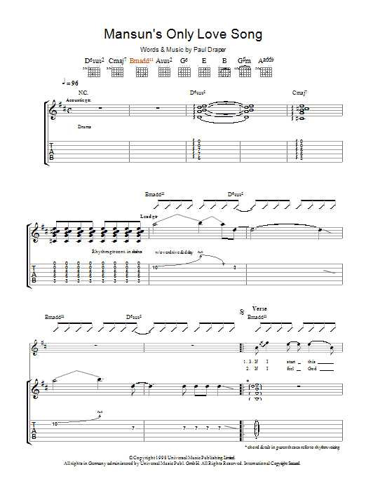 Download Mansun Mansun's Only Love Song Sheet Music and learn how to play Guitar Tab PDF digital score in minutes